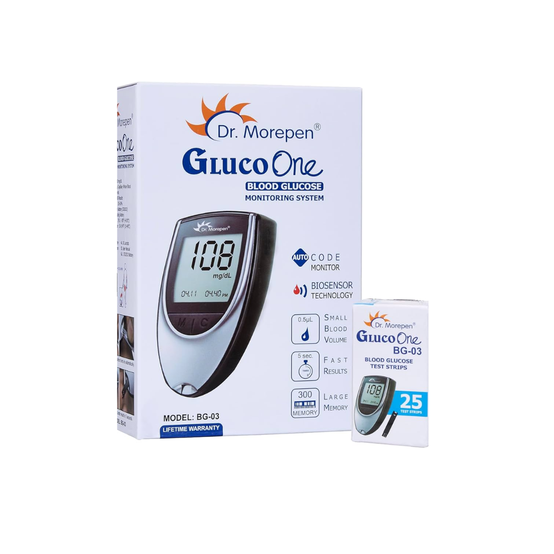 Gluco One Blood Glucose Monitor ( Model BG-03) + 25 Strips- Dr Morepen product available at family pharmacy online buy now at qatar doha