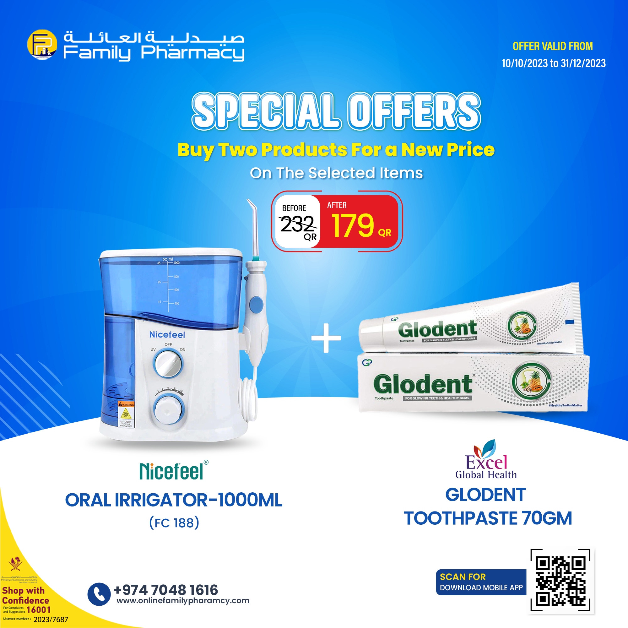 Oral Irrigator( Fc-188)+ Glodent Toothpaste-offer product available at family pharmacy online buy now at qatar doha