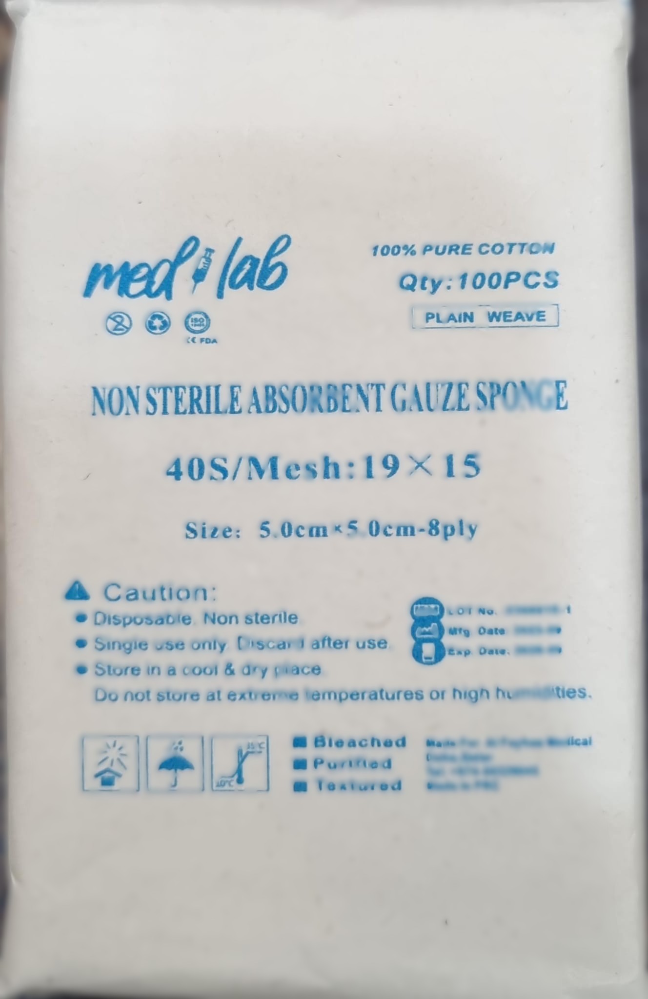 Non Sterile Gauze Swab 5 cm x5 cm 8 Ply 100's- -Medlab product available at family pharmacy online buy now at qatar doha